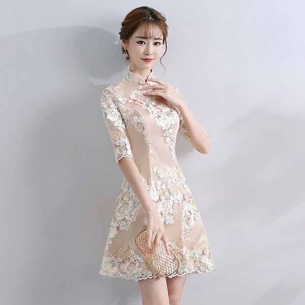 Modern Chinese Dress Qipao Cheongsam Beige Dresses Casual Women Lace  Traditional Evening Gown Vestido Oriental Wedding | Wish